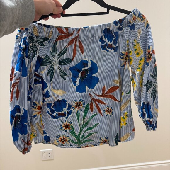 Zara Basic XS Off-Shoulder Floral Striped Blouse – Like New - Picture 2 of 3